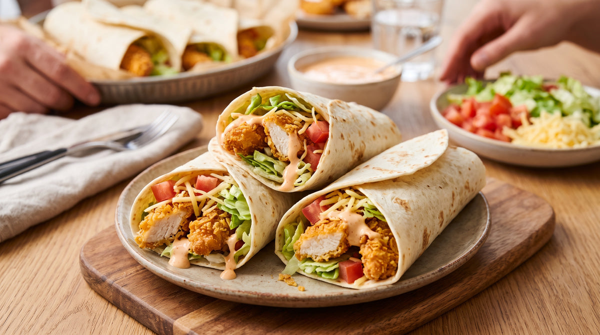 Pollo crujiente, verduras frescas y una salsa cremosa en un solo wrap