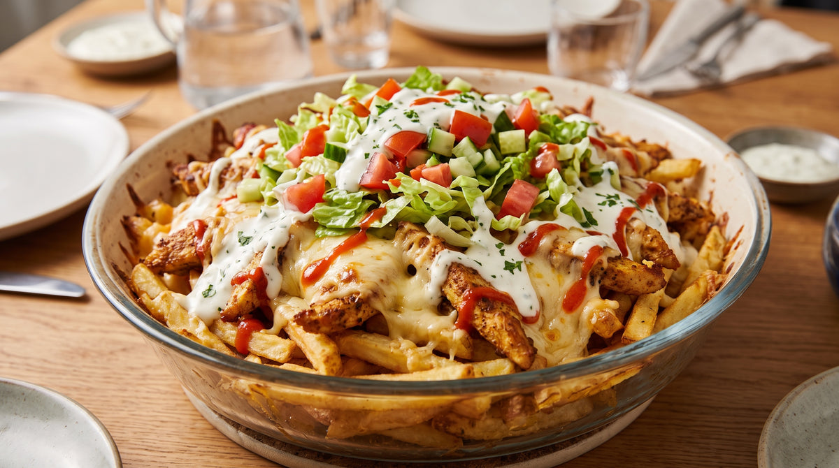 Patatas fritas, shawarma de pollo, queso fundido, lechuga fresca y salsas picantes