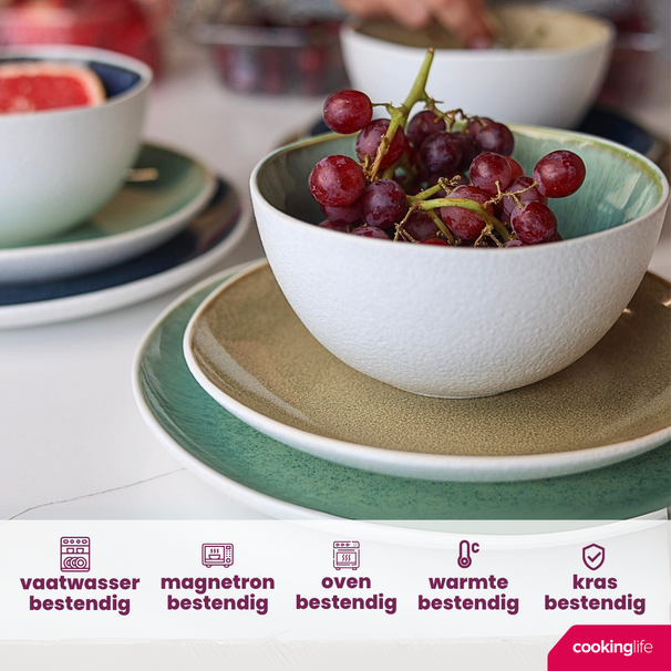 Cookinglife Juego de vajilla Belize 18 piezas / 6 personas - 6 platos llanos ø 25 cm, 6 platos de desayuno ø 21 cm, 6 cuencos para sopa ø 15 cm