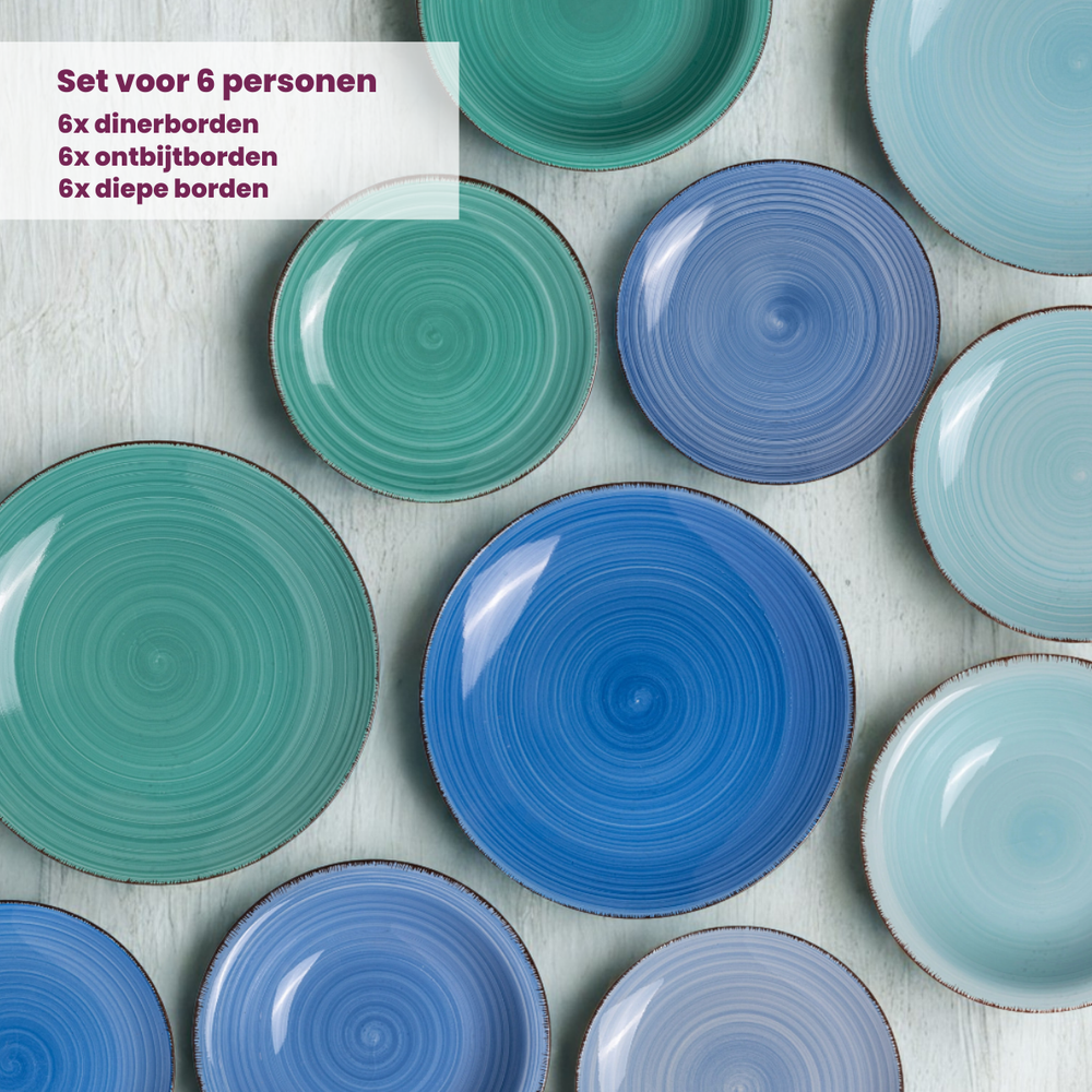 Juego de vajilla Cookinglife Delice Azul 18 piezas / 6 personas - 6 platos llanos, 6 platos hondos y 6 platos de desayuno