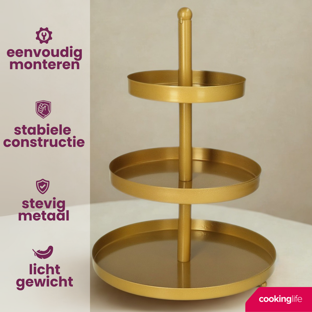 Cookinglife Estantería metálica / dorada ø 15, 20 y 25 cm - 3 niveles - 35 cm de alto