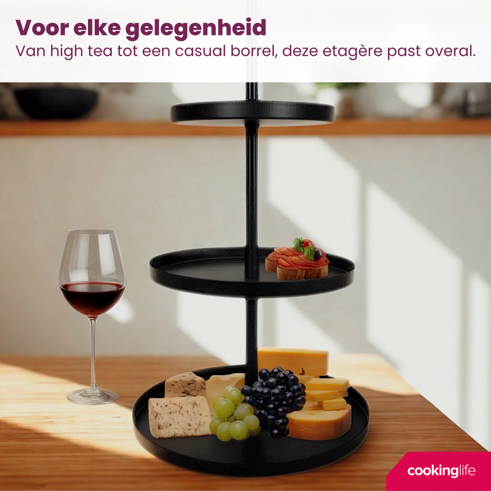 Cookinglife Estantería metálica negra ø 20, 25 y 30 cm - 3 niveles - 55 cm de alto