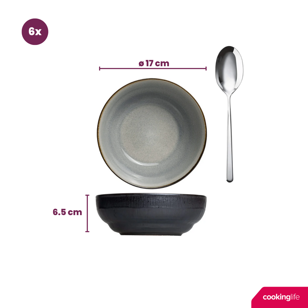 Juego de vajilla Cookinglife Nola Gris cálido 18 piezas / 6 personas - 6 platos llanos, 6 platos de desayuno y 6 cuencos