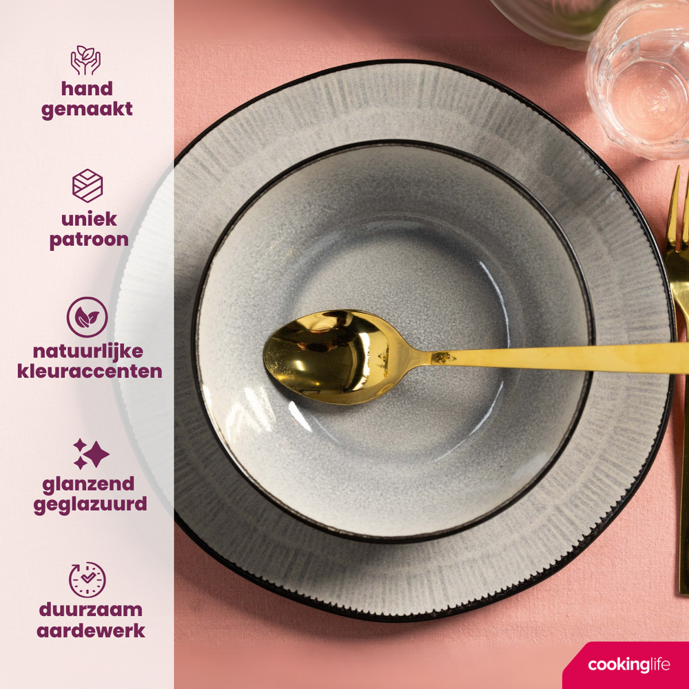 Juego de vajilla Cookinglife Nola Gris cálido 18 piezas / 6 personas - 6 platos llanos, 6 platos de desayuno y 6 cuencos