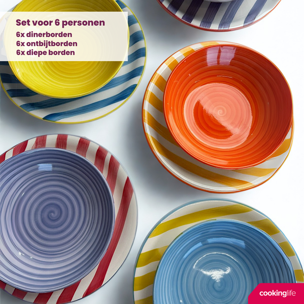 Cookinglife Juego de vajilla Summer Vibes 18 piezas / 6 personas - 6 platos llanos, 6 platos de desayuno y 6 platos hondos
