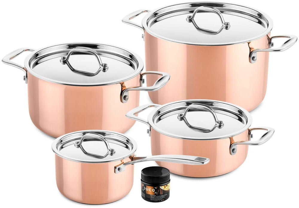 DUCQ Pannenset - Cacerola ø 18, 20, 20 cm & Sartén ø 16 cm + Tapa - Inducción - Cobre - 4 Piezas