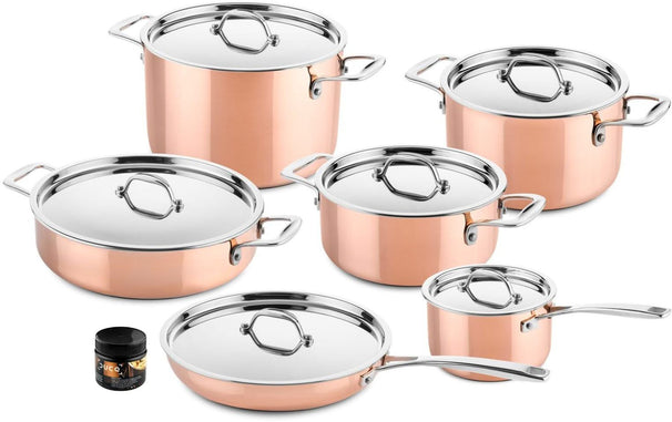 Set de ollas DUCQ de cobre 6 piezas - Olla ø 20, 20, 24 cm & cazo ø 16 cm & cacerola ø 28 cm & sartén ø 26 cm + tapas