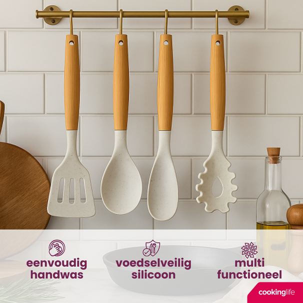 Set de utensilios de cocina Cookinglife - Set de cocina - madera beige 4 piezas - Espátula, cuchara para servir, cuchara para ensalada y cuchara para espaguetis