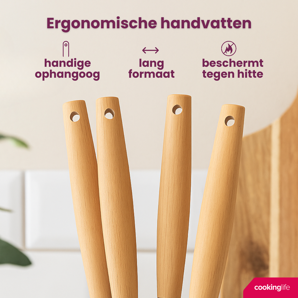 Set de utensilios de cocina Cookinglife - Set de cocina - madera beige 4 piezas - Espátula, cuchara para servir, cuchara para ensalada y cuchara para espaguetis