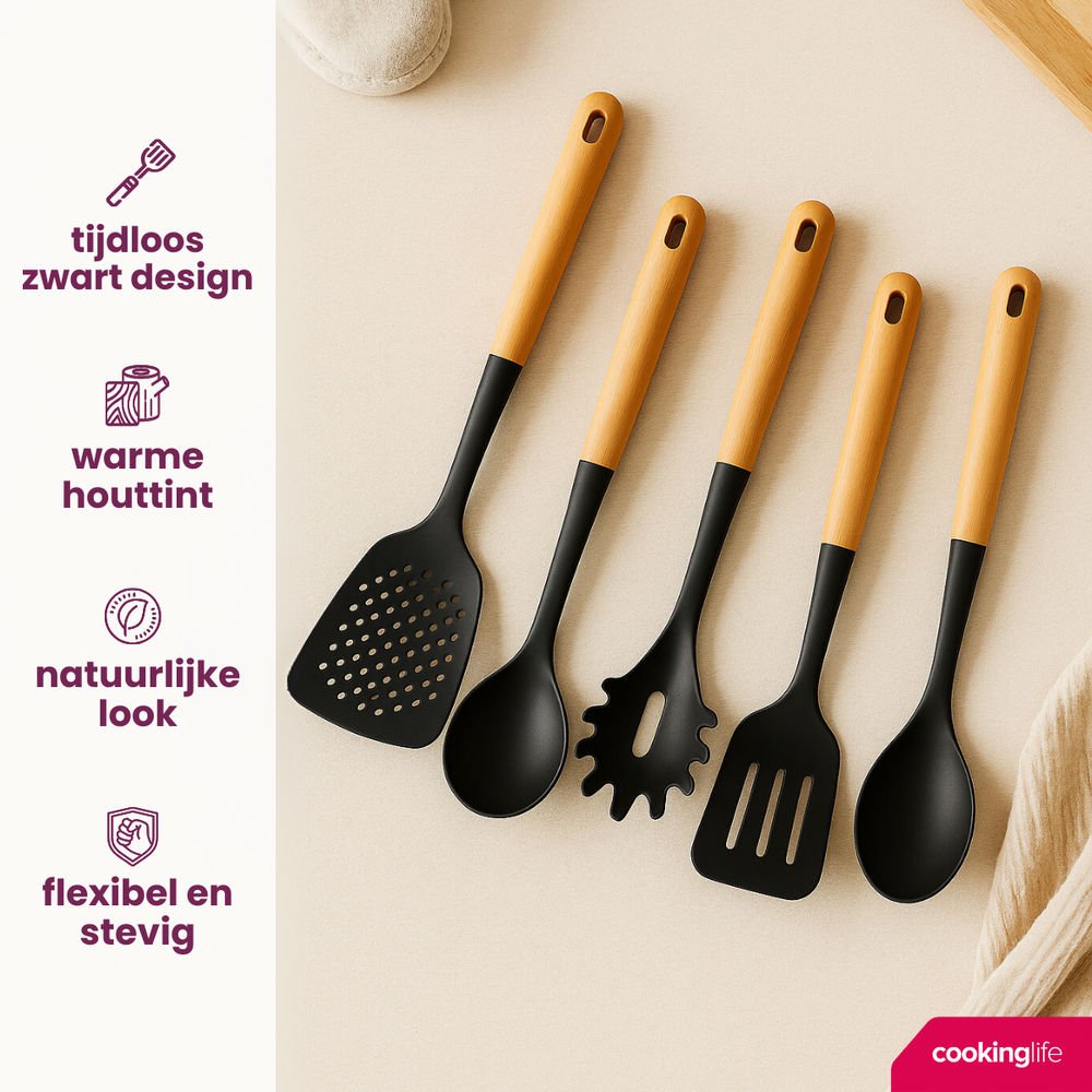 Set de utensilios de cocina Cookinglife - Set de cocina - madera negra 5 piezas - Espumadera, cucharón, cuchara para espaguetis, espátula y cuchara para servir