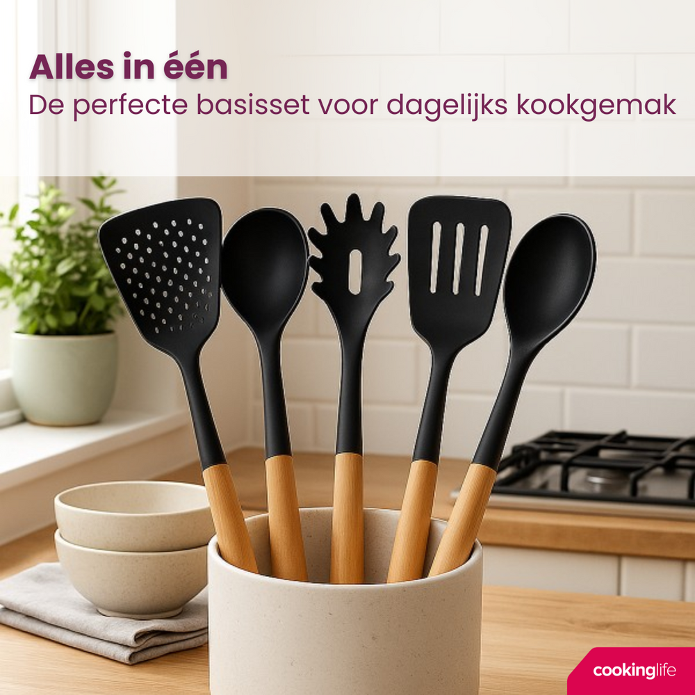 Set de utensilios de cocina Cookinglife - Set de cocina - madera negra 5 piezas - Espumadera, cucharón, cuchara para espaguetis, espátula y cuchara para servir