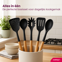 Set de utensilios de cocina Cookinglife - Set de cocina - madera negra 5 piezas - Espumadera, cucharón, cuchara para espaguetis, espátula y cuchara para servir