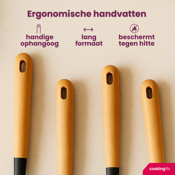 Set de utensilios de cocina Cookinglife - set de cocina - madera negra 4 piezas - espumadera, cucharón para sopa, espátula y cucharón para servir
