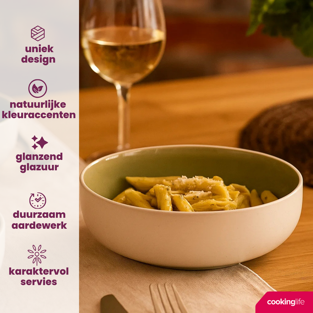 Juego de vajilla Cookinglife Verde Musgo 18 piezas / 6 personas - 6 platos de cena, 6 platos de desayuno y 6 cuencos