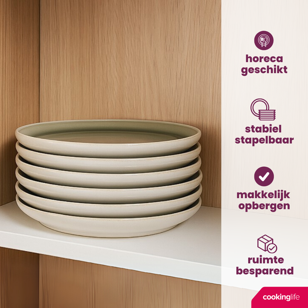 Juego de vajilla Cookinglife Verde Musgo 18 piezas / 6 personas - 6 platos de cena, 6 platos de desayuno y 6 cuencos