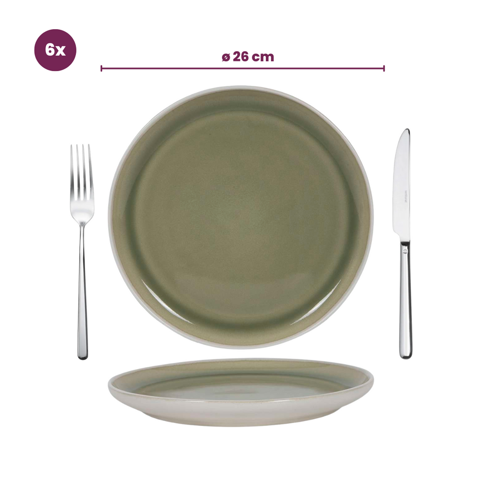 Juego de vajilla Cookinglife Verde Musgo 18 piezas / 6 personas - 6 platos de cena, 6 platos de desayuno y 6 cuencos