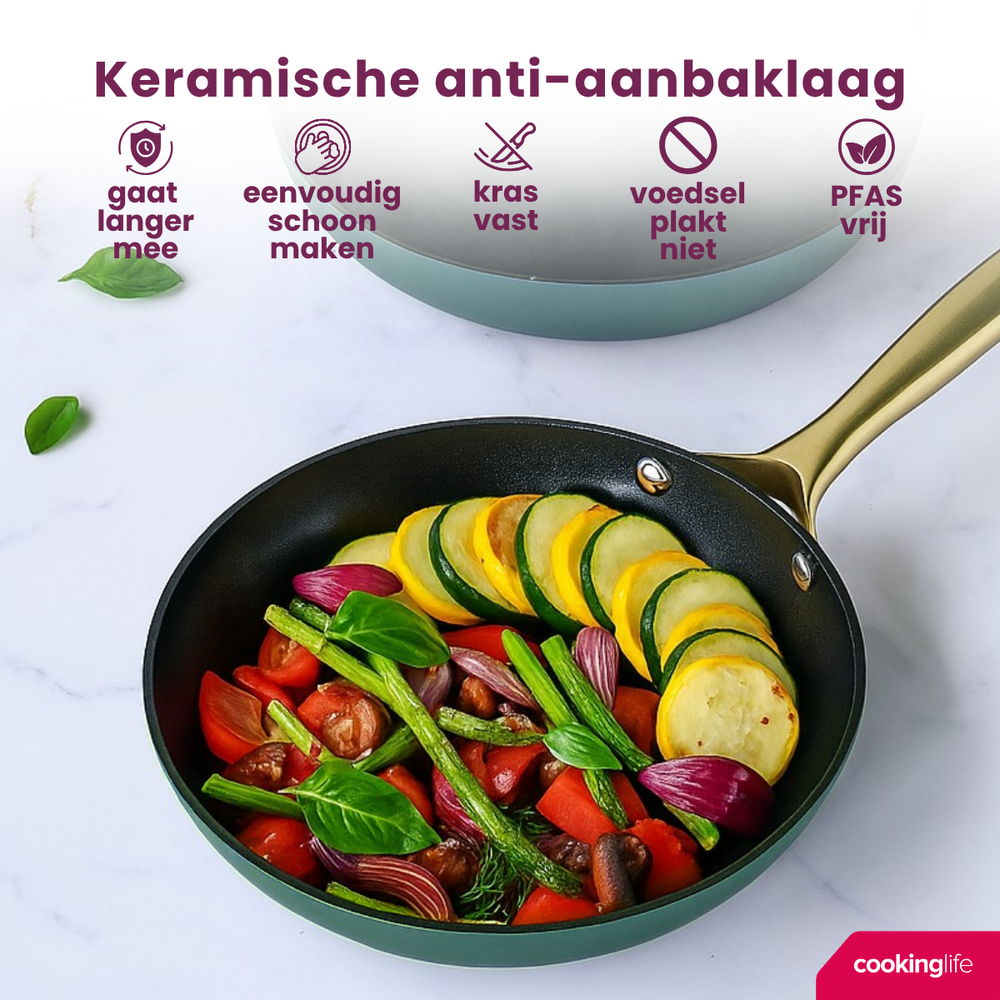Cookinglife Set de sartenes Style Verde 2 piezas ø 24 y 28 cm - apto para todas las fuentes de calor - revestimiento antiadherente cerámico