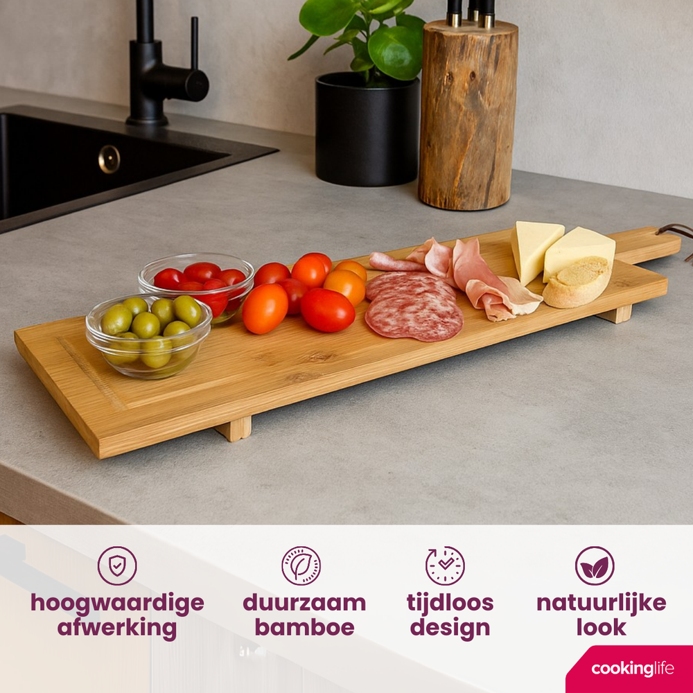 Cookinglife Tabla para servir / tabla de tapas con patas - XL - Bambú - 88 x 26 cm