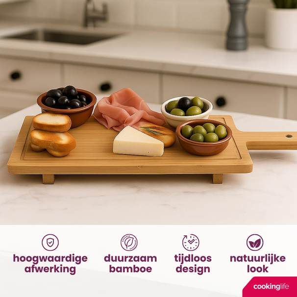 Cookinglife Tabla para servir / tabla de tapas con patas - L - Bambú - 58 x 19 cm