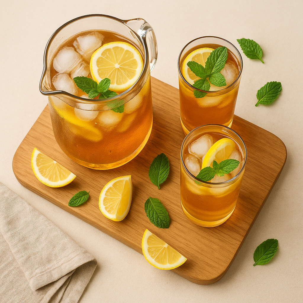Té helado fresco y ligeramente dulce a base de té negro con limón, naranja y menta. Perfecto para preparar con antelación y servir bien frío.