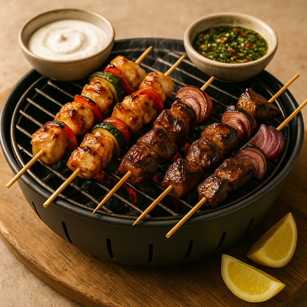 Jugoso muslo de pollo y tiernas tiras de ternera en brochetas por separado, marinadas en limón y ajo con hierbas mediterráneas. Cocina bien el pollo y deja la ternera rosada — así todos obtienen brochetas perfectamente a la parrilla en una sola sesión.