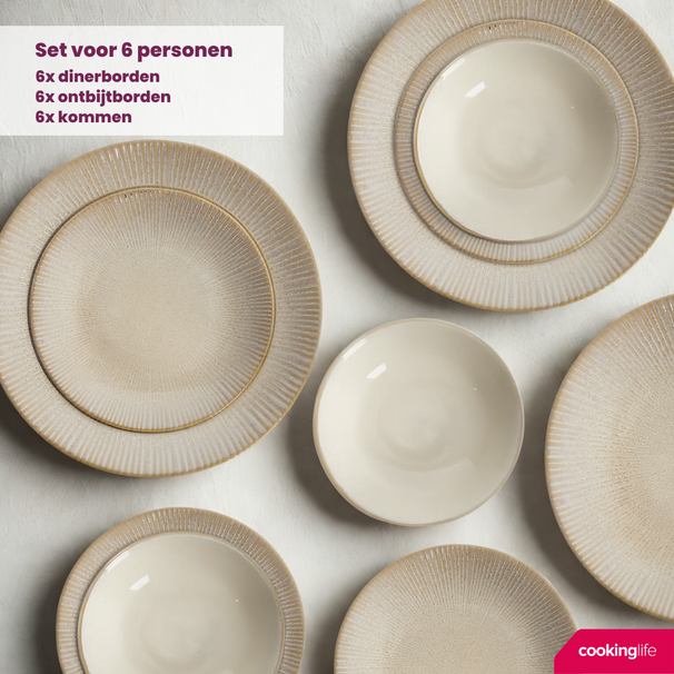 Set de Vajilla Cookinglife Coastal Lines Ocean Beige 18 piezas / 6 personas - 6 platos de cena, 6 platos de desayuno y 6 platos hondos