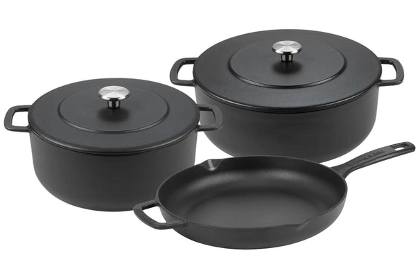 Combekk Set de Sartenes de Hierro Fundido Negro 3 piezas - Olla ø 24, 28 cm & Sartén ø 26 cm