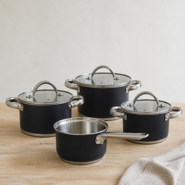 Cooking Set de Sartenes Negras 4 piezas Acero Inoxidable - Olla ø 16, 18, 20 cm & Cacerola ø 16 cm - adecuada para todas las fuentes de calor