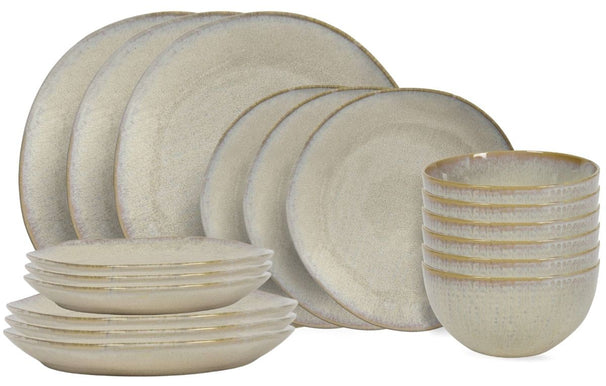 Cookinglife Juego de vajilla Lino Beige 18 piezas / 6 personas - 6 platos de cena, 6 platos de desayuno y 6 cuencos