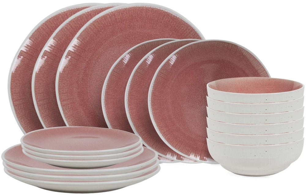 Cookinglife Juego de vajilla Nola Rosa 18 piezas / 6 personas - 6 platos de cena, 6 platos de desayuno y 6 cuencos