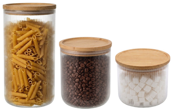 Cookinglife Juego de tarros de almacenamiento Lines - Vidrio con tapa de bambú - 600 ml / 980 ml / 1750 ml - 3 piezas