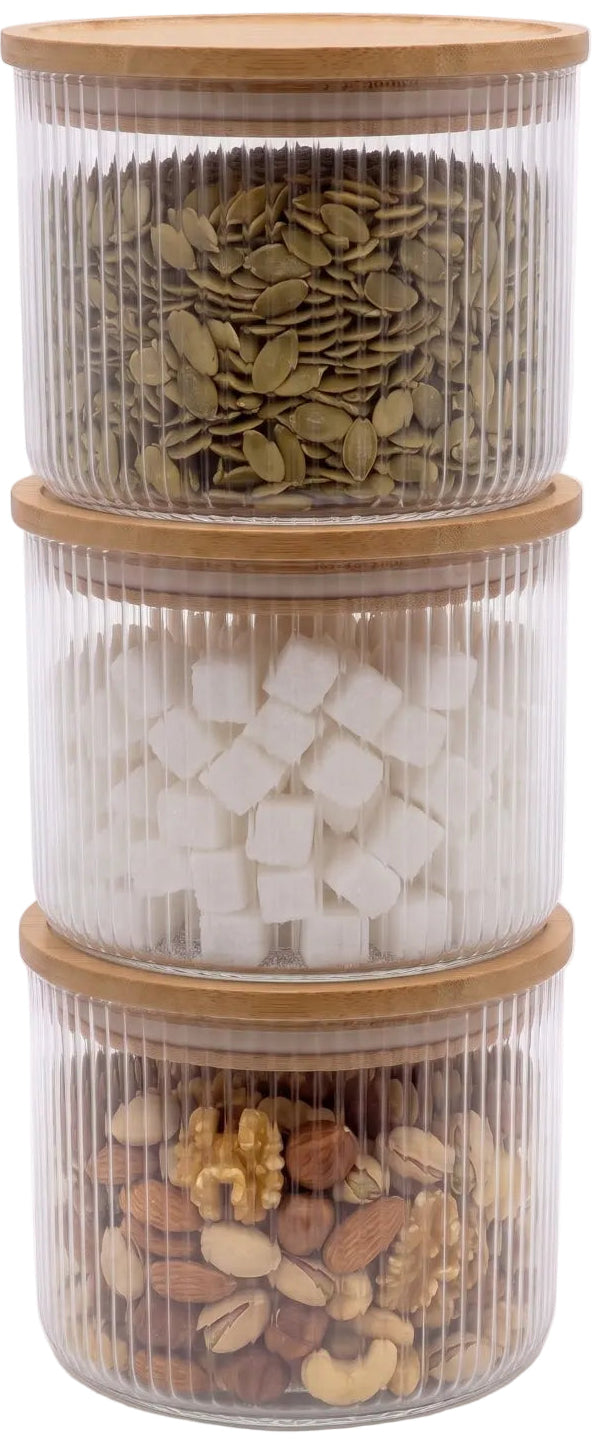 Cookinglife Tarros de Almacenamiento set Lines - Vidrio con Tapa de Bambú - ø 11 cm - 600 ml - 3 piezas