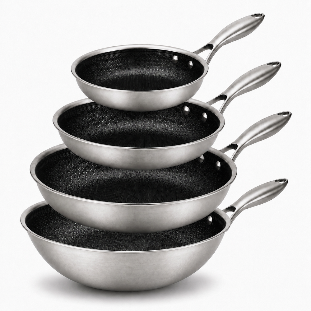 Cookinglife Set de Sartenes HexaCook Híbrida 4 piezas - Wok ø 28 cm + Sartén ø 20, 24 & 28 cm - ANTIADHERENTE - apto para todas las fuentes de calor - recubrimiento antiadherente cerámico