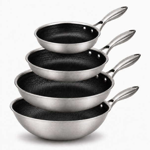 Cookinglife Set de Sartenes HexaCook Híbrida 4 piezas - Wok ø 28 cm + Sartén ø 20, 24 & 28 cm - ANTIADHERENTE - apto para todas las fuentes de calor - recubrimiento antiadherente cerámico