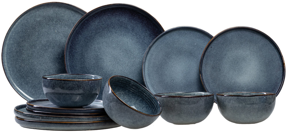 Ona Juego de vajilla Duna Blue 12 piezas / 4 personas - 4 platos de cena, 4 platos de desayuno y 4 cuencos
