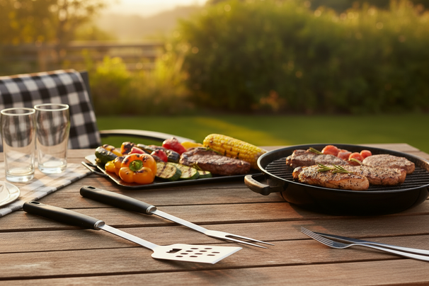 Cookinglife Set de Herramientas para BBQ Fire & Flavour Negro 3 Piezas - Acero Inoxidable - Espátula, Pinzas y Tenedor para BBQ