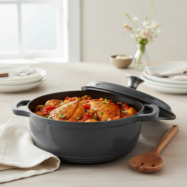 Cookinglife Cazuela con Tapa - Heritage Fundición de Hierro - Gris - ø 22 cm / 2.4 Litros - recubrimiento esmaltado antiadherente