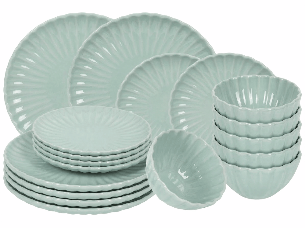 Cookinglife Juego de vajilla Cardida Verde 18 piezas / 6 personas - 6 platos para cena, 6 platos para desayuno y 6 tazones