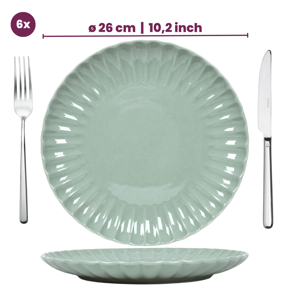 Cookinglife Juego de vajilla Cardida Verde 18 piezas / 6 personas - 6 platos para cena, 6 platos para desayuno y 6 tazones