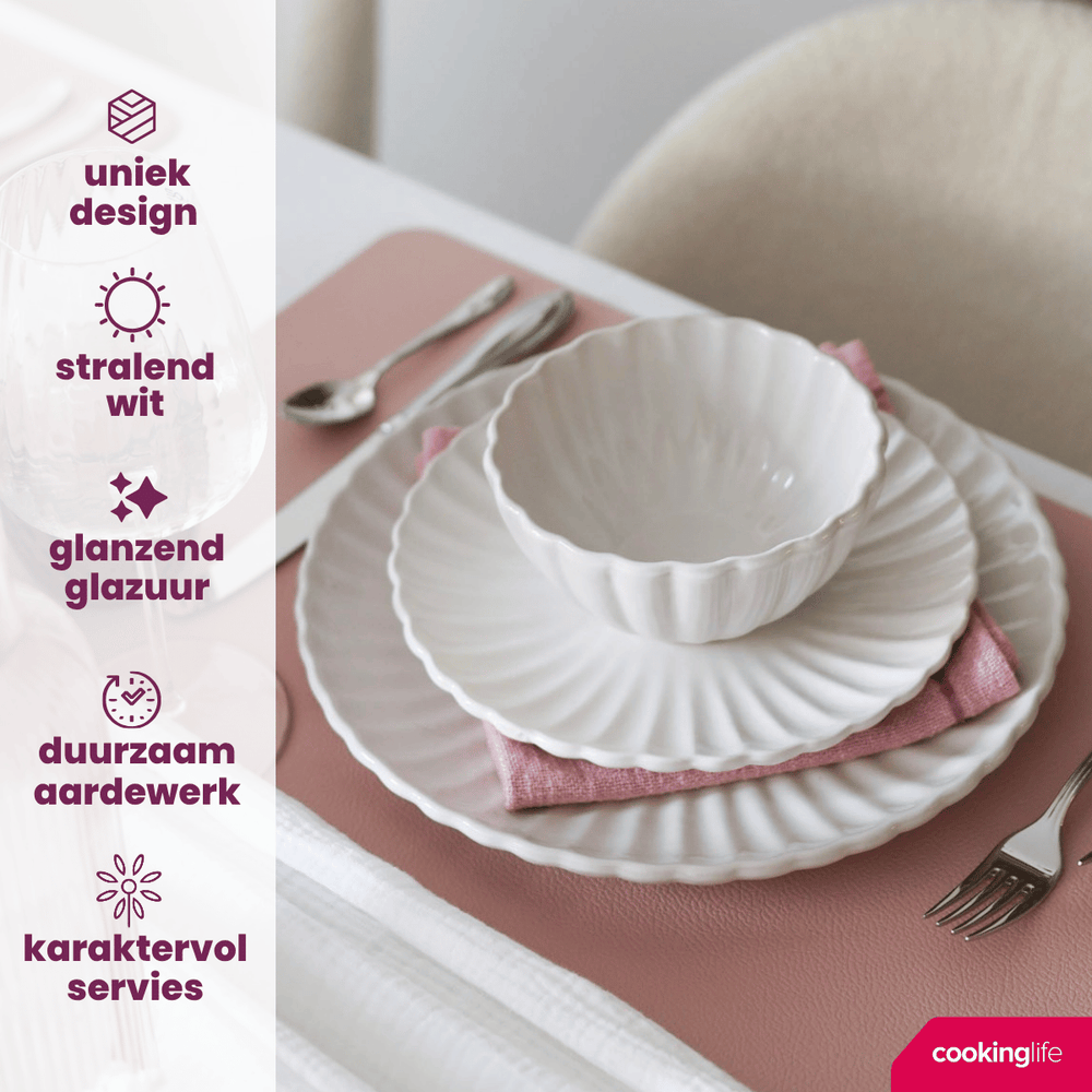 Cookinglife Juego de vajilla Flower Blanco 18 piezas / 6 personas - 6 platos llanos, 6 platos de postre y 6 cuencos