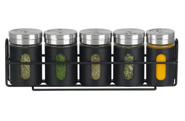Cookinglife Estante para especias negro 5 piezas - Con dispensadores de especias 80 ml