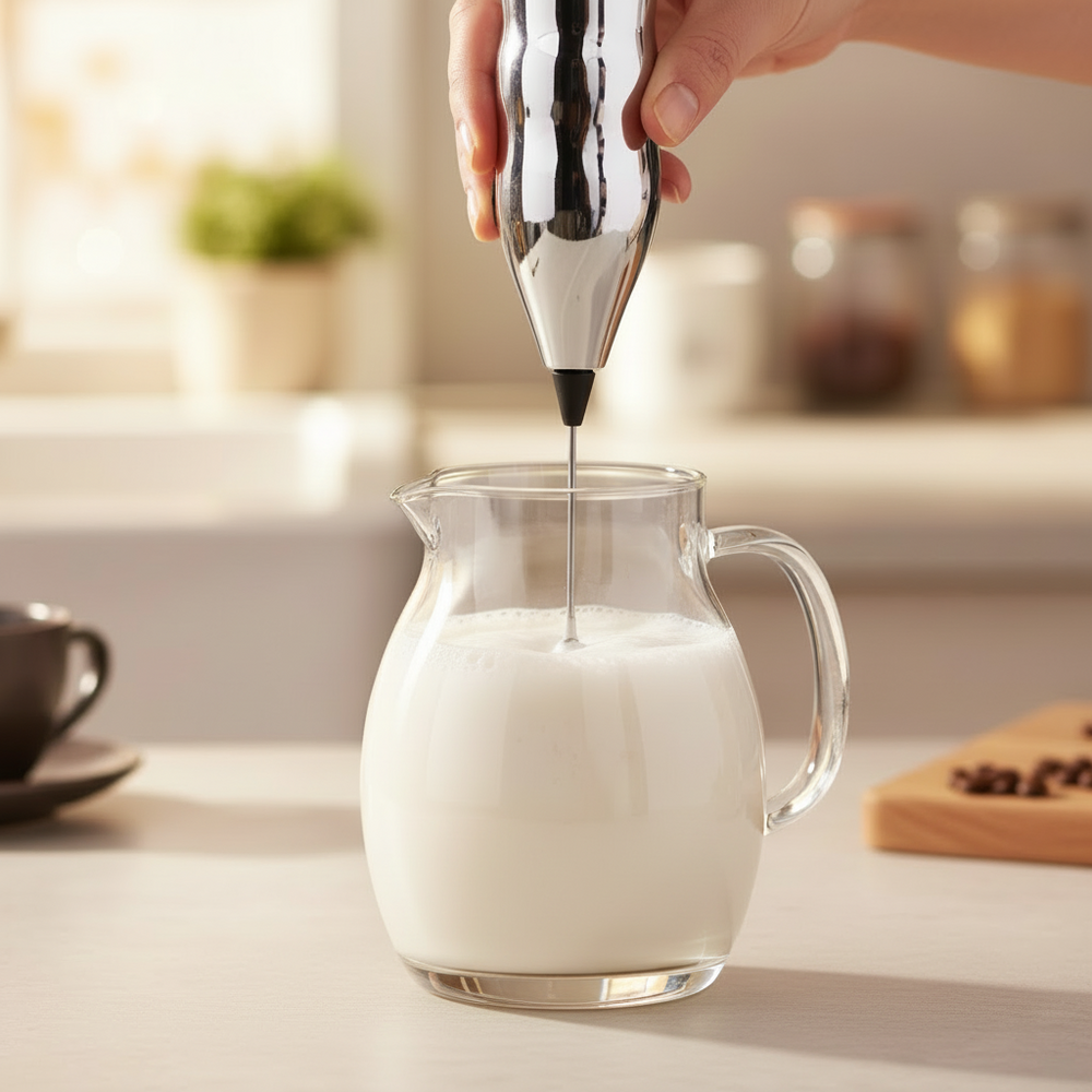 Cookinglife Espumador de leche cromado 20 cm - Espumador de leche manual para especialidades de café