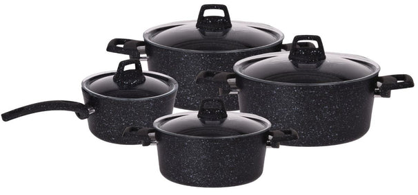 Cookinglife Set de ollas Black Speckle 4 piezas Aluminio - Olla de cocina ø 20, 22, 24 cm y cazo ø 18 cm - Apto para todas las fuentes de calor - capa antiadherente estándar