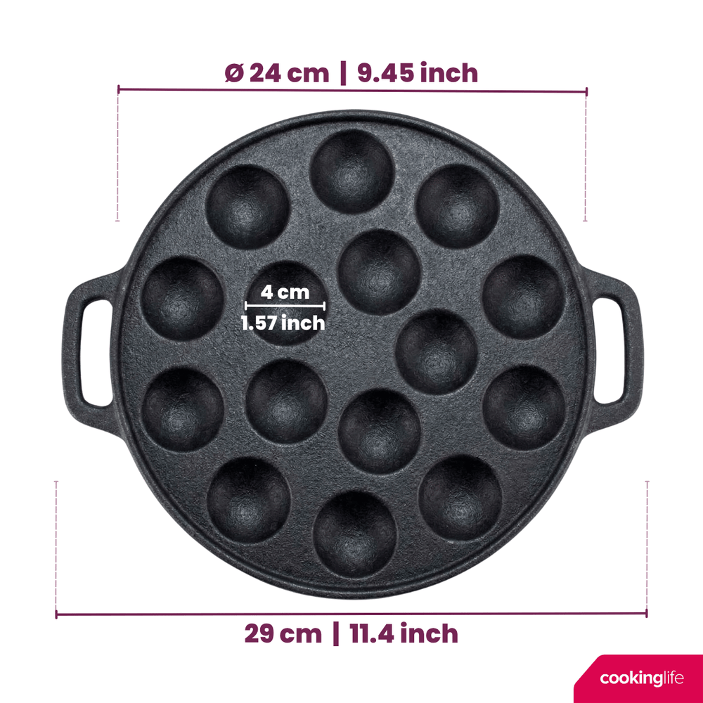Cookinglife Sartén para poffertjes - Hierro fundido - ø 24 cm - 15 poffertjes - sin revestimiento antiadherente - apto para todas las fuentes de calor