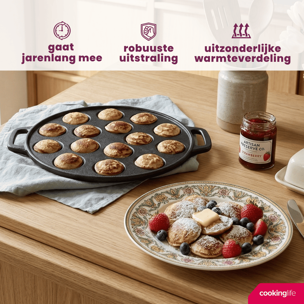 Cookinglife Sartén para poffertjes - Hierro fundido - ø 24 cm - 15 poffertjes - sin revestimiento antiadherente - apto para todas las fuentes de calor