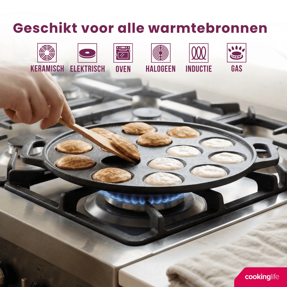 Cookinglife Sartén para poffertjes - Hierro fundido - ø 24 cm - 15 poffertjes - sin revestimiento antiadherente - apto para todas las fuentes de calor