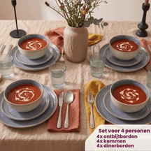 Set de vajilla Serene Blue 12 piezas / 4 personas - 4 platos llanos, 4 platos de desayuno y 4 tazones