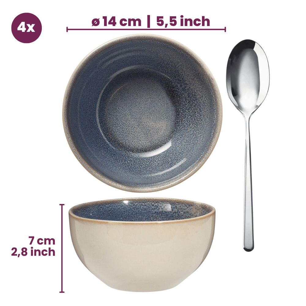 Set de vajilla Serene Blue 12 piezas / 4 personas - 4 platos llanos, 4 platos de desayuno y 4 tazones