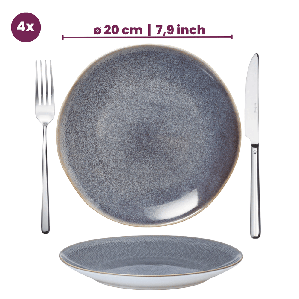 Set de vajilla Serene Blue 12 piezas / 4 personas - 4 platos llanos, 4 platos de desayuno y 4 tazones