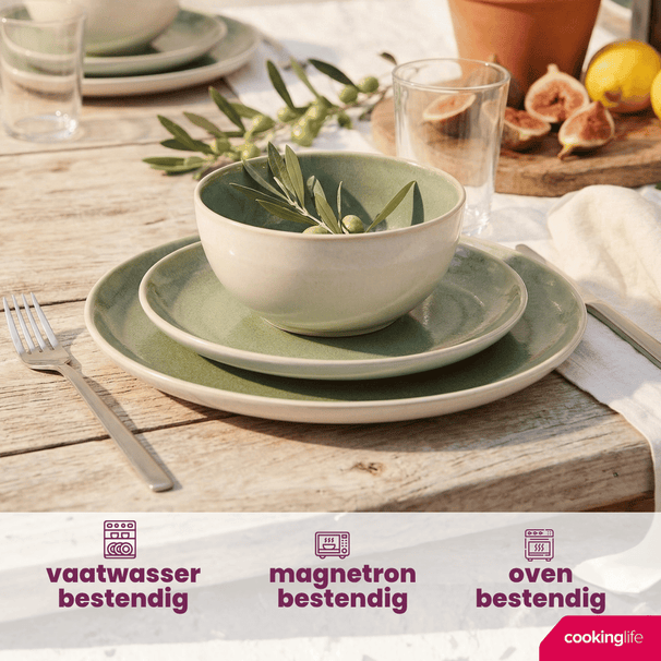 Set de vajilla Serene Green 12 piezas / 4 personas - 4 platos llanos, 4 platos de desayuno y 4 tazones